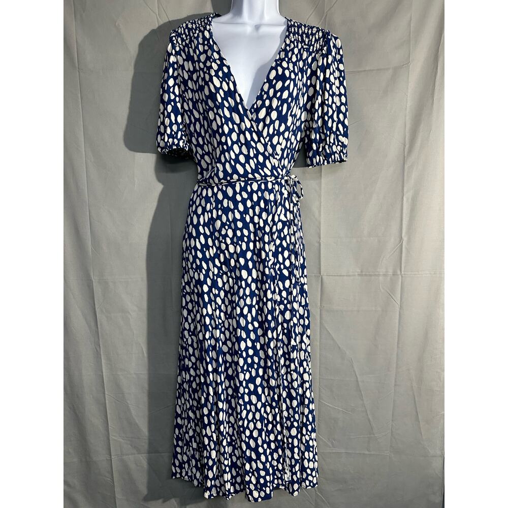 Reformation Navy and White Midi Wrap Dress